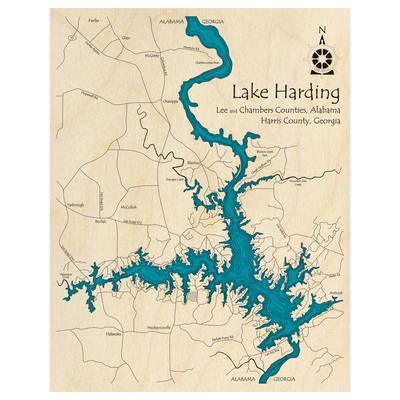 Bathymetric topo map of Lake Harding (AL, GA) with roads, towns and depths noted in blue water.