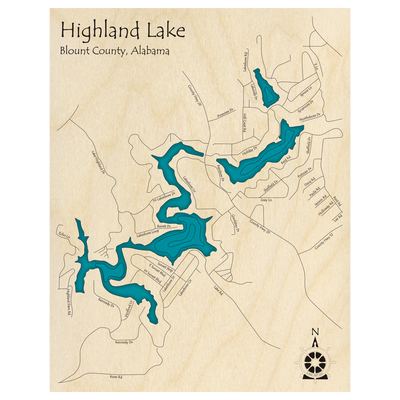 Bathymetric topo map of Highland Lake, AL with roads, towns and depths noted in blue water.