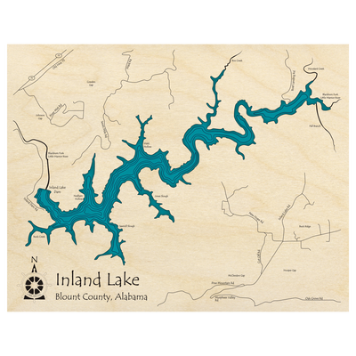 Bathymetric topo map of Inland Lake, AL with roads, towns and depths noted in blue water.