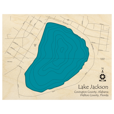 Bathymetric topo map of Lake Jackson (AL, FL) with roads, towns and depths noted in blue water.