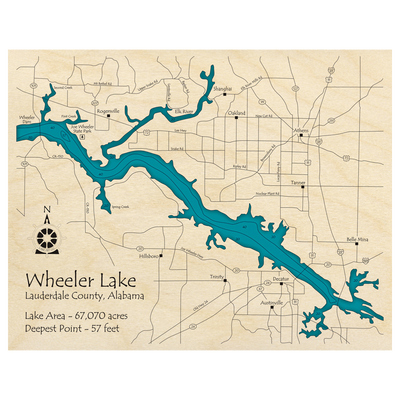 Bathymetric topo map of Joe Wheeler Reservoir, AL with roads, towns and depths noted in blue water.