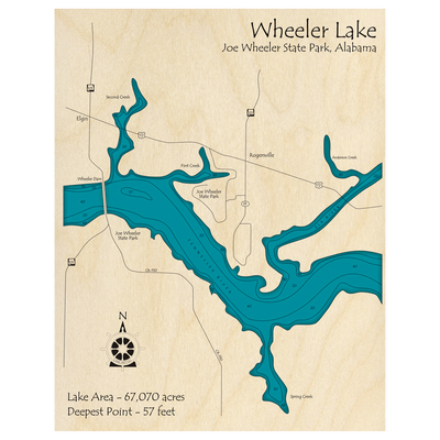 Bathymetric topo map of Joe Wheeler Reservoir, AL with roads, towns and depths noted in blue water.