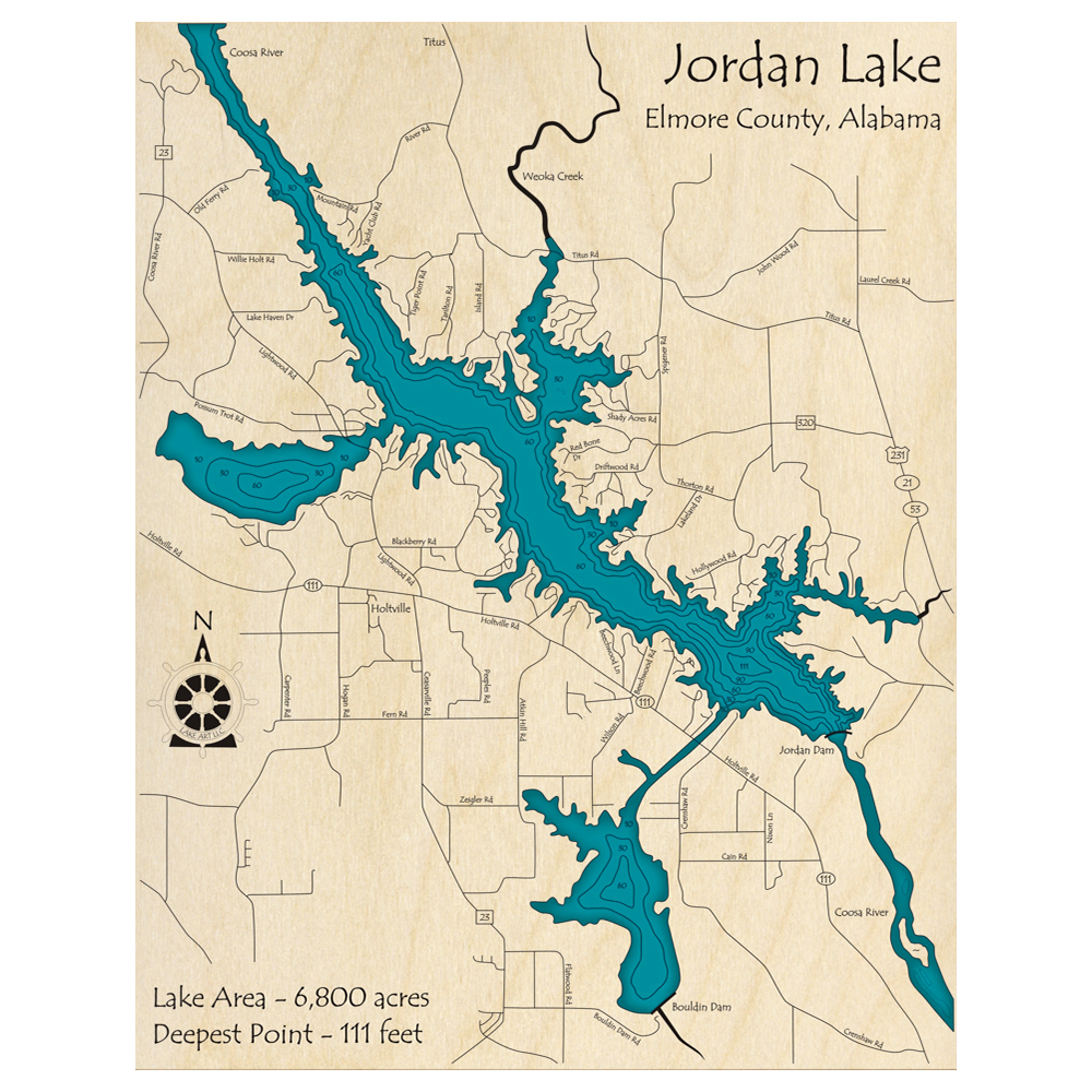 Bathymetric topo map of Jordan Lake, AL with roads, towns and depths noted in blue water.