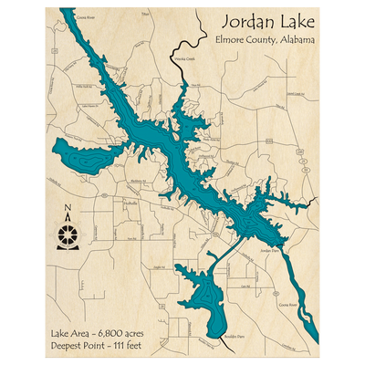 Bathymetric topo map of Jordan Lake, AL with roads, towns and depths noted in blue water.