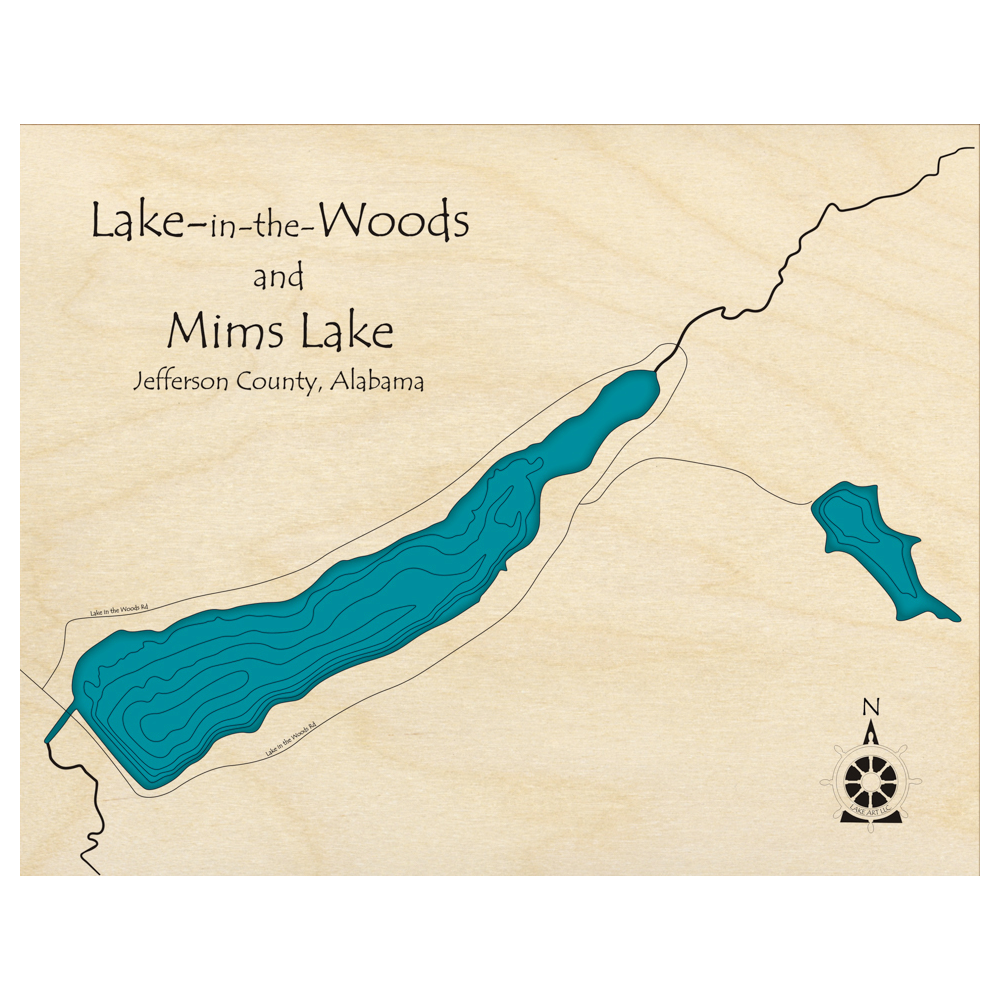 Bathymetric topo map of Lake in the Woods, AL with roads, towns and depths noted in blue water.