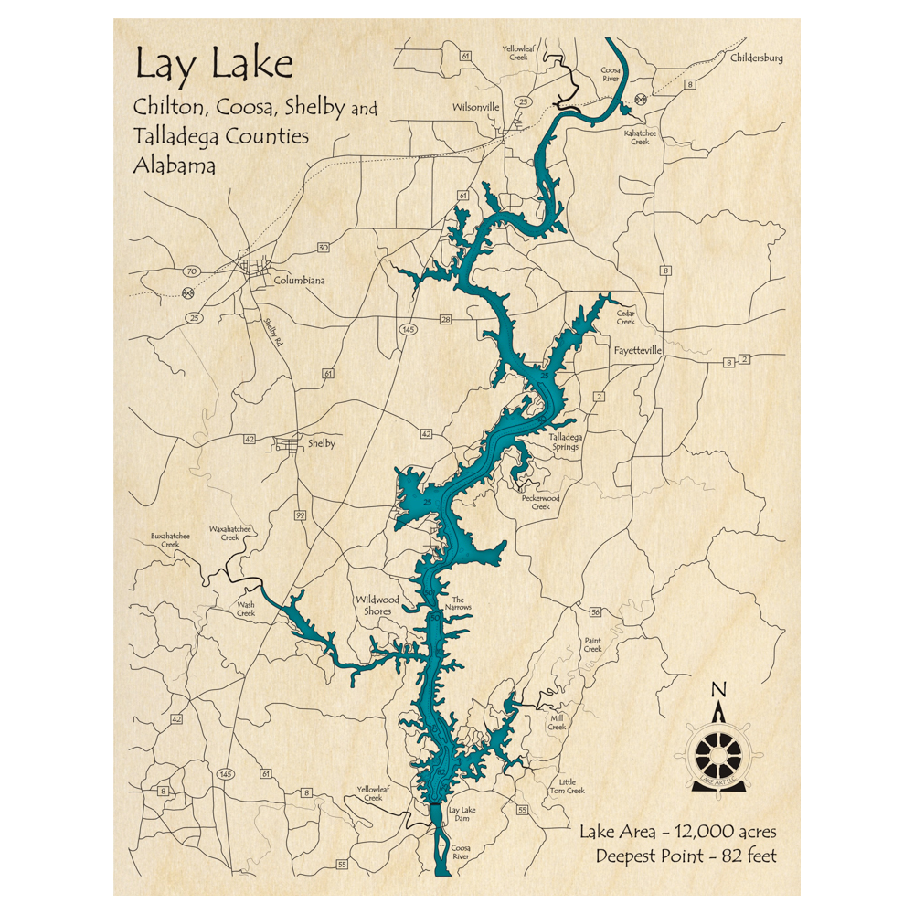 Bathymetric topo map of Lay Lake, AL with roads, towns and depths noted in blue water.