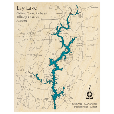 Bathymetric topo map of Lay Lake, AL with roads, towns and depths noted in blue water.
