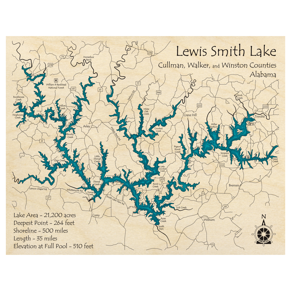 Bathymetric topo map of Lewis Smith Lake, AL with roads, towns and depths noted in blue water.