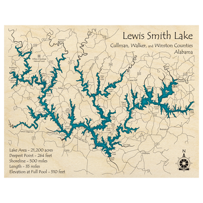 Bathymetric topo map of Lewis Smith Lake, AL with roads, towns and depths noted in blue water.