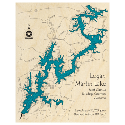 Bathymetric topo map of Logan Martin Lake, AL with roads, towns and depths noted in blue water.