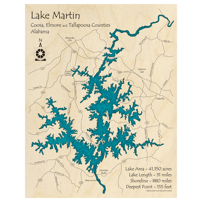 Bathymetric topo map of Lake Martin, AL with roads, towns and depths noted in blue water.