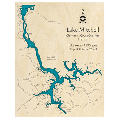 Bathymetric topo map of Lake Mitchell, AL with roads, towns and depths noted in blue water.