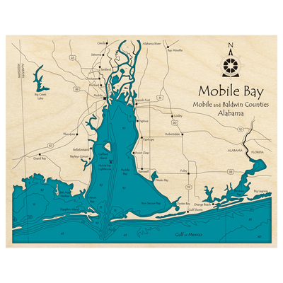 Bathymetric topo map of Mobile Bay, AL with roads, towns and depths noted in blue water.