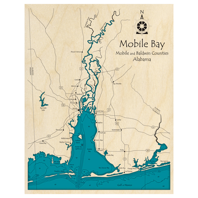 Bathymetric topo map of Mobile Bay, AL with roads, towns and depths noted in blue water.