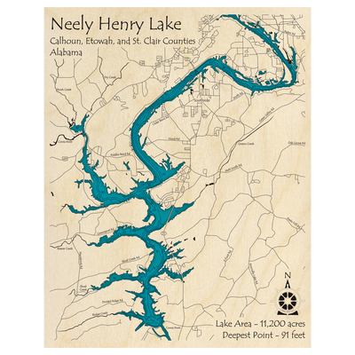 Bathymetric topo map of Neely Henry Lake, AL with roads, towns and depths noted in blue water.