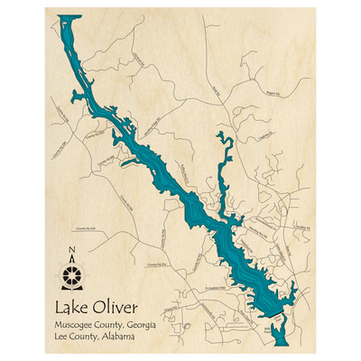 Bathymetric topo map of Lake Oliver (AL, GA) with roads, towns and depths noted in blue water.
