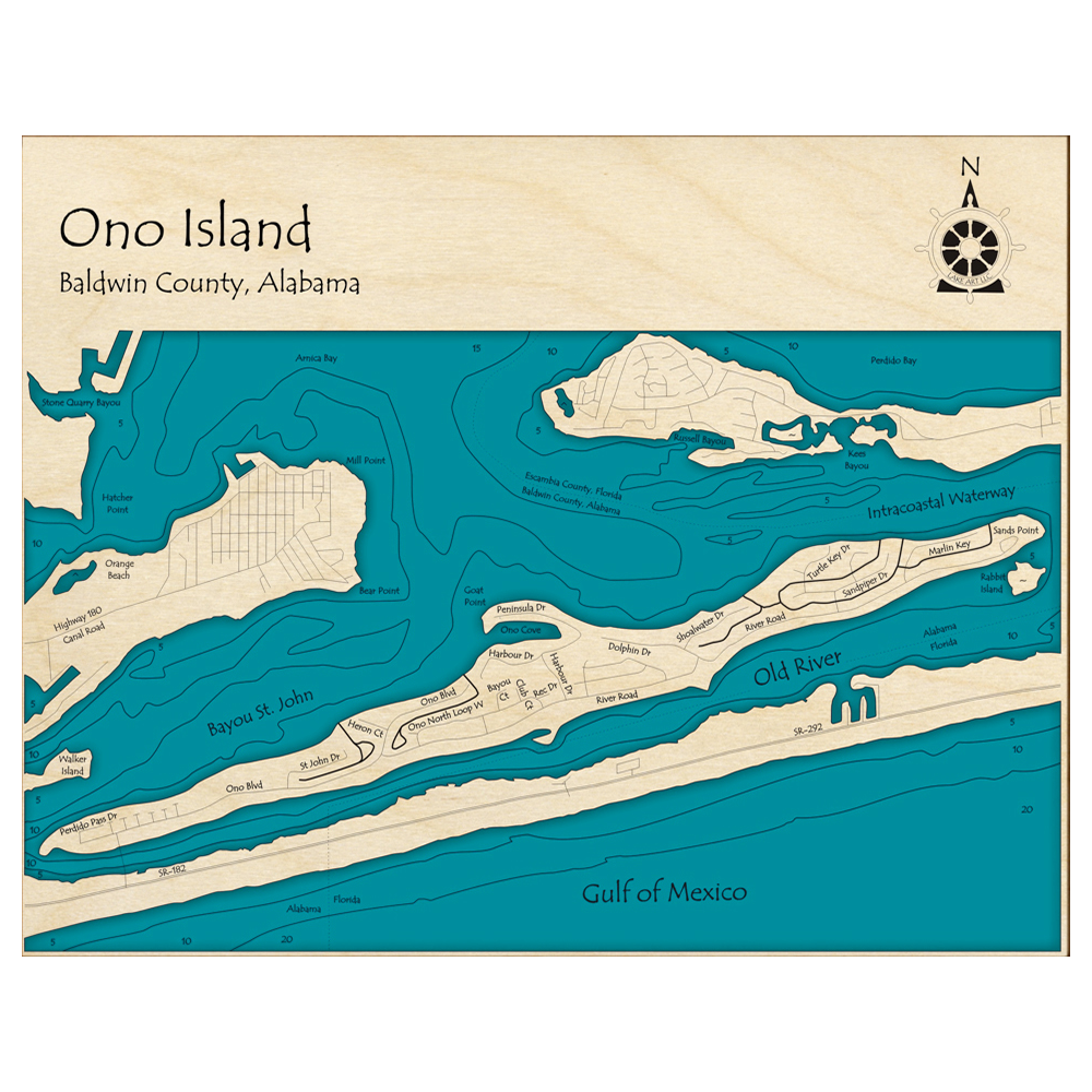 Bathymetric topo map of Ono Island, AL with roads, towns and depths noted in blue water.