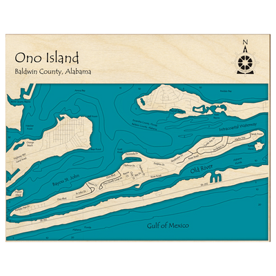 Bathymetric topo map of Ono Island, AL with roads, towns and depths noted in blue water.