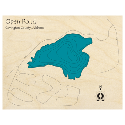 Bathymetric topo map of Open Pond, AL with roads, towns and depths noted in blue water.