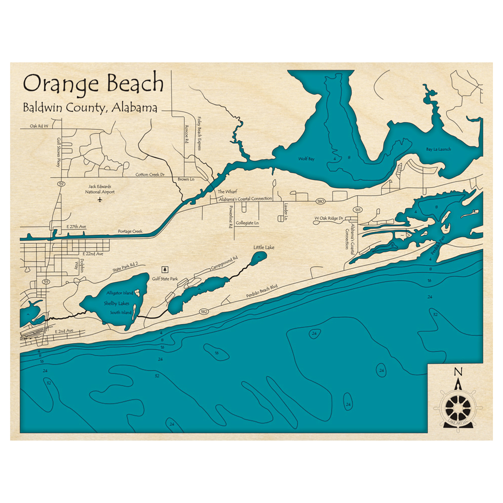 Bathymetric topo map of Orange Beach, AL with roads, towns and depths noted in blue water.