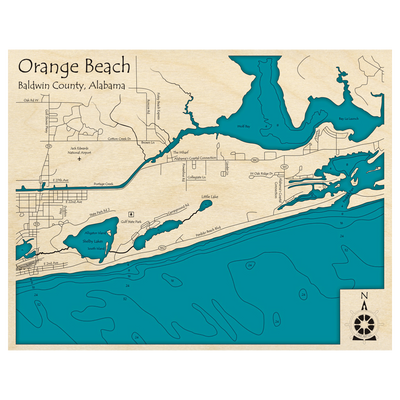 Bathymetric topo map of Orange Beach, AL with roads, towns and depths noted in blue water.