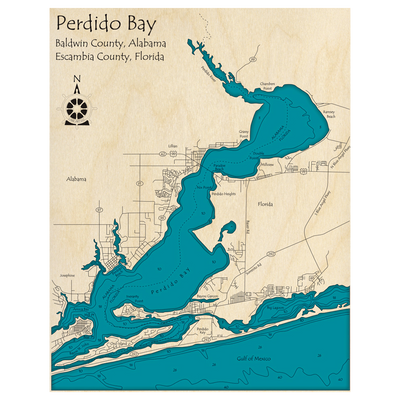 Bathymetric topo map of Perdido Bay (AL, FL) with roads, towns and depths noted in blue water.