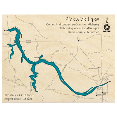 Bathymetric topo map of Pickwick Lake (AL, MS, TN) with roads, towns and depths noted in blue water.