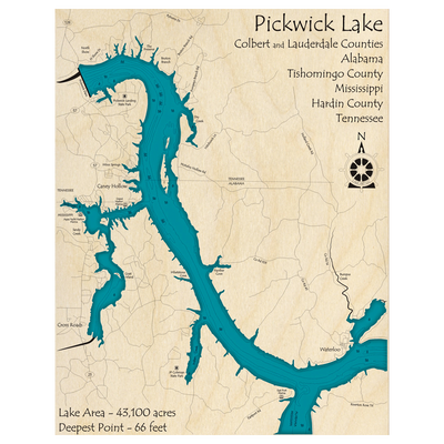 Bathymetric topo map of Pickwick Lake (AL, MS, TN) with roads, towns and depths noted in blue water.