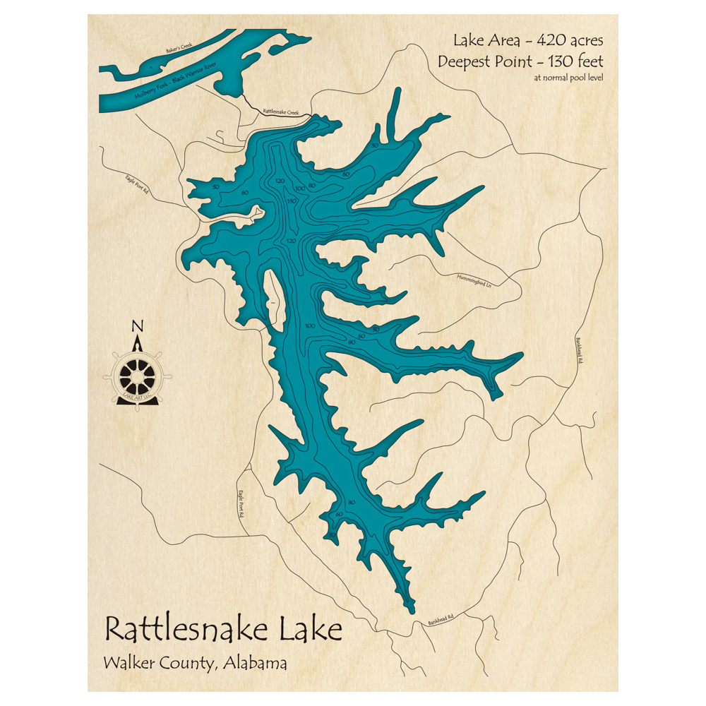 Bathymetric topo map of Rattlesnake Lake, AL with roads, towns and depths noted in blue water.