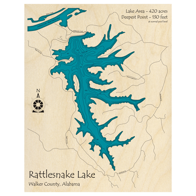 Bathymetric topo map of Rattlesnake Lake, AL with roads, towns and depths noted in blue water.