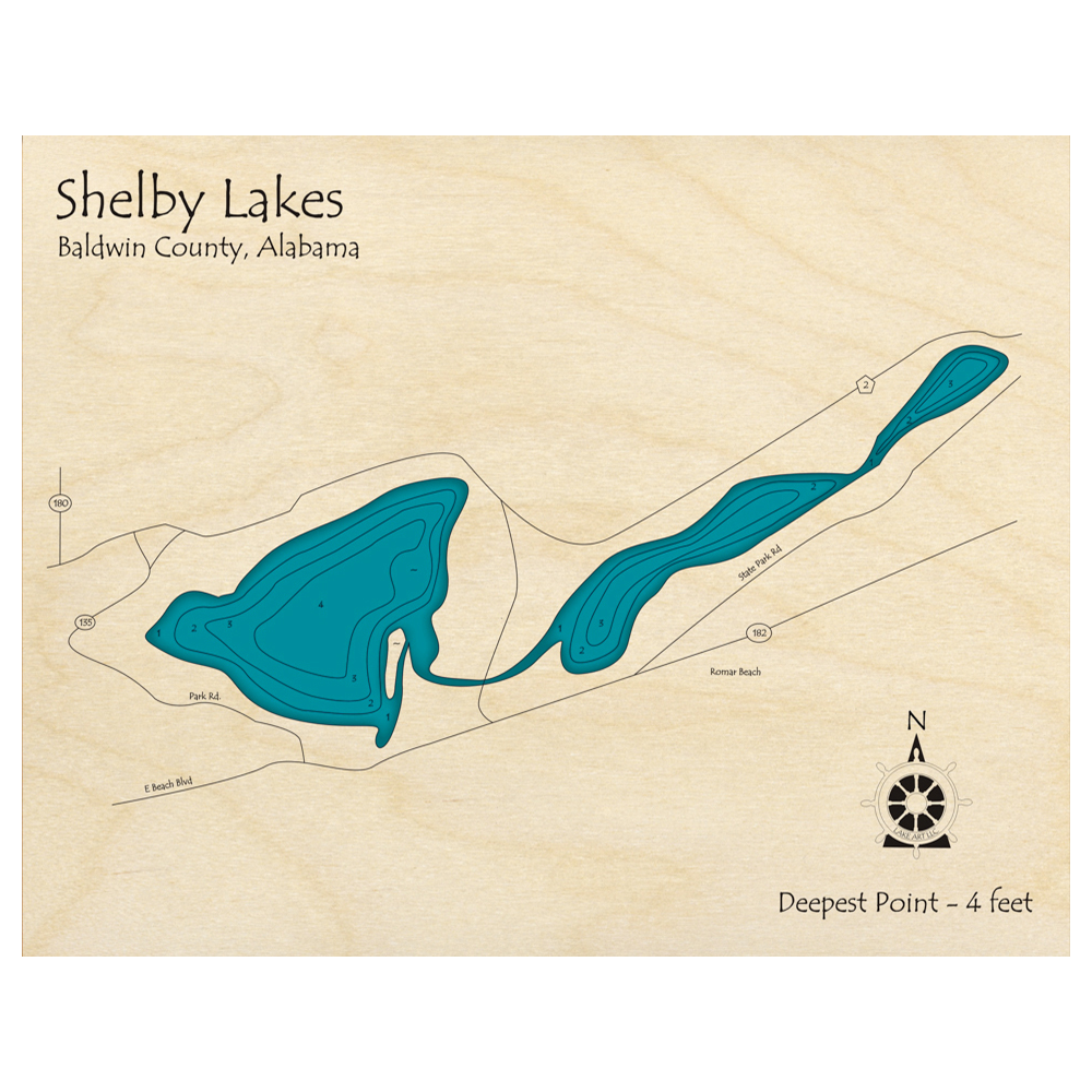Bathymetric topo map of Shelby Lakes, AL with roads, towns and depths noted in blue water.