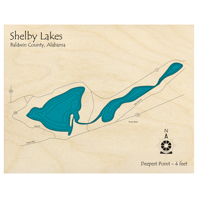 Bathymetric topo map of Shelby Lakes, AL with roads, towns and depths noted in blue water.