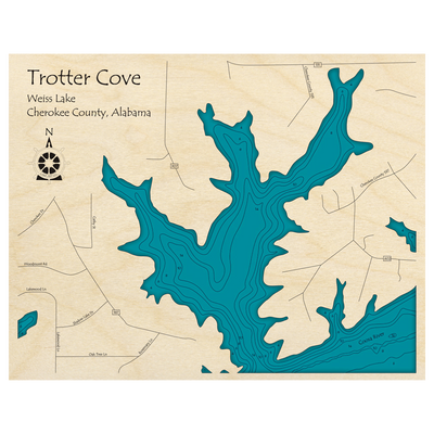 Bathymetric topo map of Trotter Cove, AL with roads, towns and depths noted in blue water.