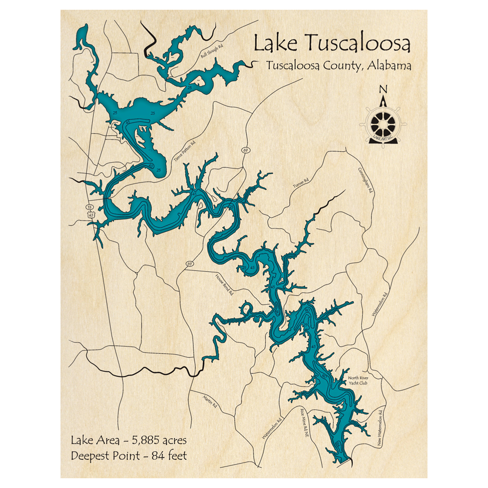 Bathymetric topo map of Lake Tuscaloosa, AL with roads, towns and depths noted in blue water.