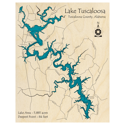 Bathymetric topo map of Lake Tuscaloosa, AL with roads, towns and depths noted in blue water.