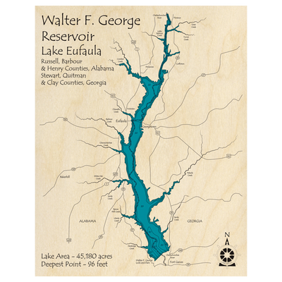 Bathymetric topo map of Walter F George Reservoir (AL, GA) with roads, towns and depths noted in blue water.