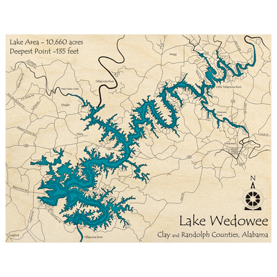 Bathymetric topo map of Lake Wedowee, AL with roads, towns and depths noted in blue water.