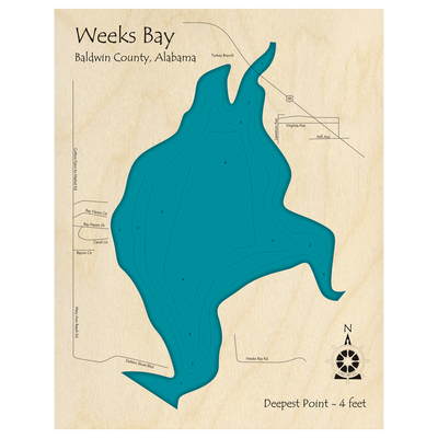 Bathymetric topo map of Weeks Bay, AL with roads, towns and depths noted in blue water.
