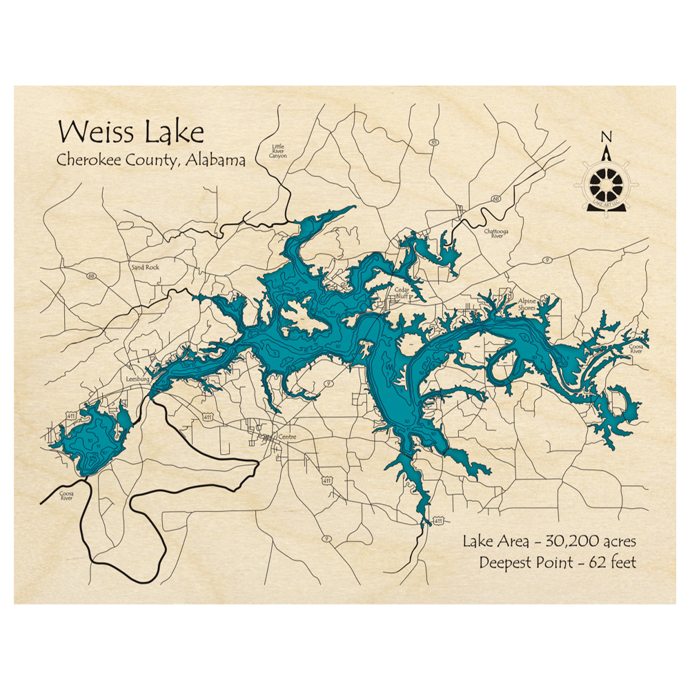 Bathymetric topo map of Weiss Lake, AL with roads, towns and depths noted in blue water.