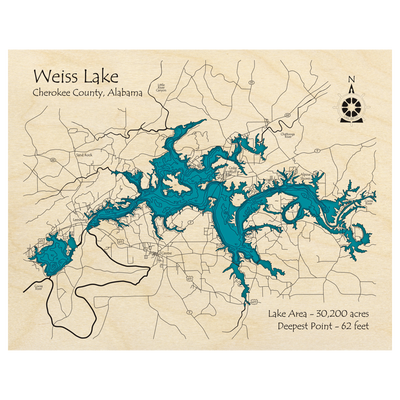 Bathymetric topo map of Weiss Lake, AL with roads, towns and depths noted in blue water.