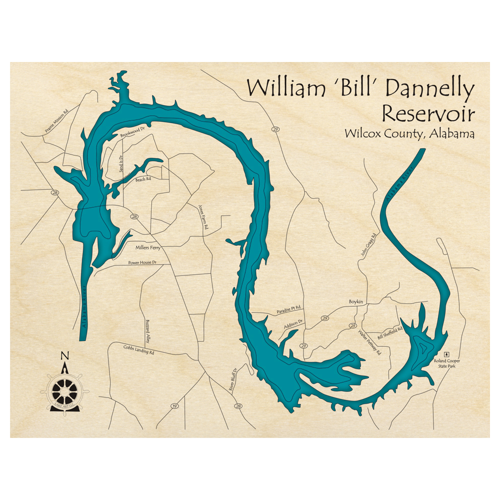Bathymetric topo map of William Bill Dannelly, AL with roads, towns and depths noted in blue water.