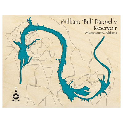 Bathymetric topo map of William Bill Dannelly, AL with roads, towns and depths noted in blue water.