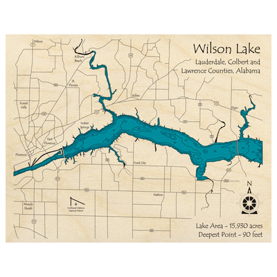 Bathymetric topo map of Wilson Lake, AL with roads, towns and depths noted in blue water.