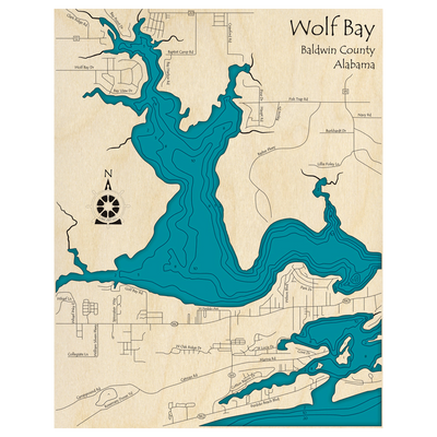 Bathymetric topo map of Wolf Bay, AL with roads, towns and depths noted in blue water.