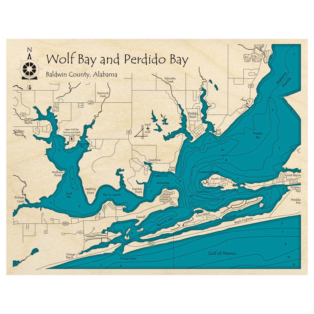 Bathymetric topo map of Wolf Bay and Perdido Bay (AL, FL) with roads, towns and depths noted in blue water.