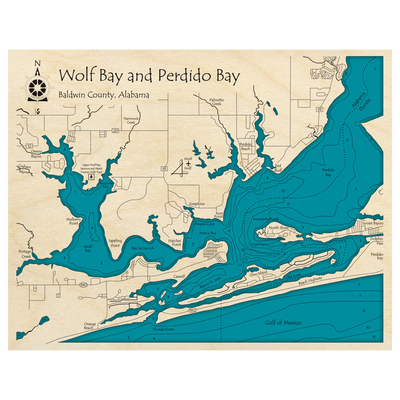 Bathymetric topo map of Wolf Bay and Perdido Bay (AL, FL) with roads, towns and depths noted in blue water.