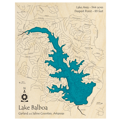 Bathymetric topo map of Lake Balboa, AR with roads, towns and depths noted in blue water.