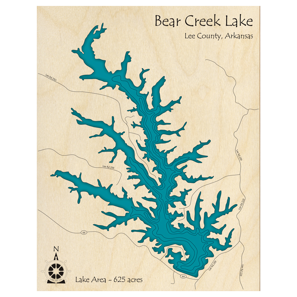 Bathymetric topo map of Bear Creek Lake, AR with roads, towns and depths noted in blue water.