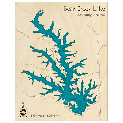 Bathymetric topo map of Bear Creek Lake, AR with roads, towns and depths noted in blue water.