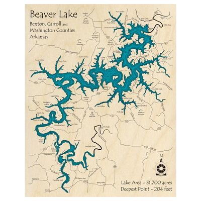 Bathymetric topo map of Beaver Lake, AR with roads, towns and depths noted in blue water.